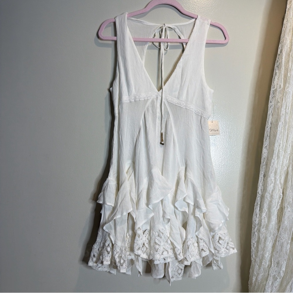 Free People Ladies Tans Tide Tunic Cascading Ruffles Crochet Trim Mini Dress - Picture 4 of 6